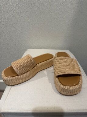 Woven Platform Slide Sandals in Beige